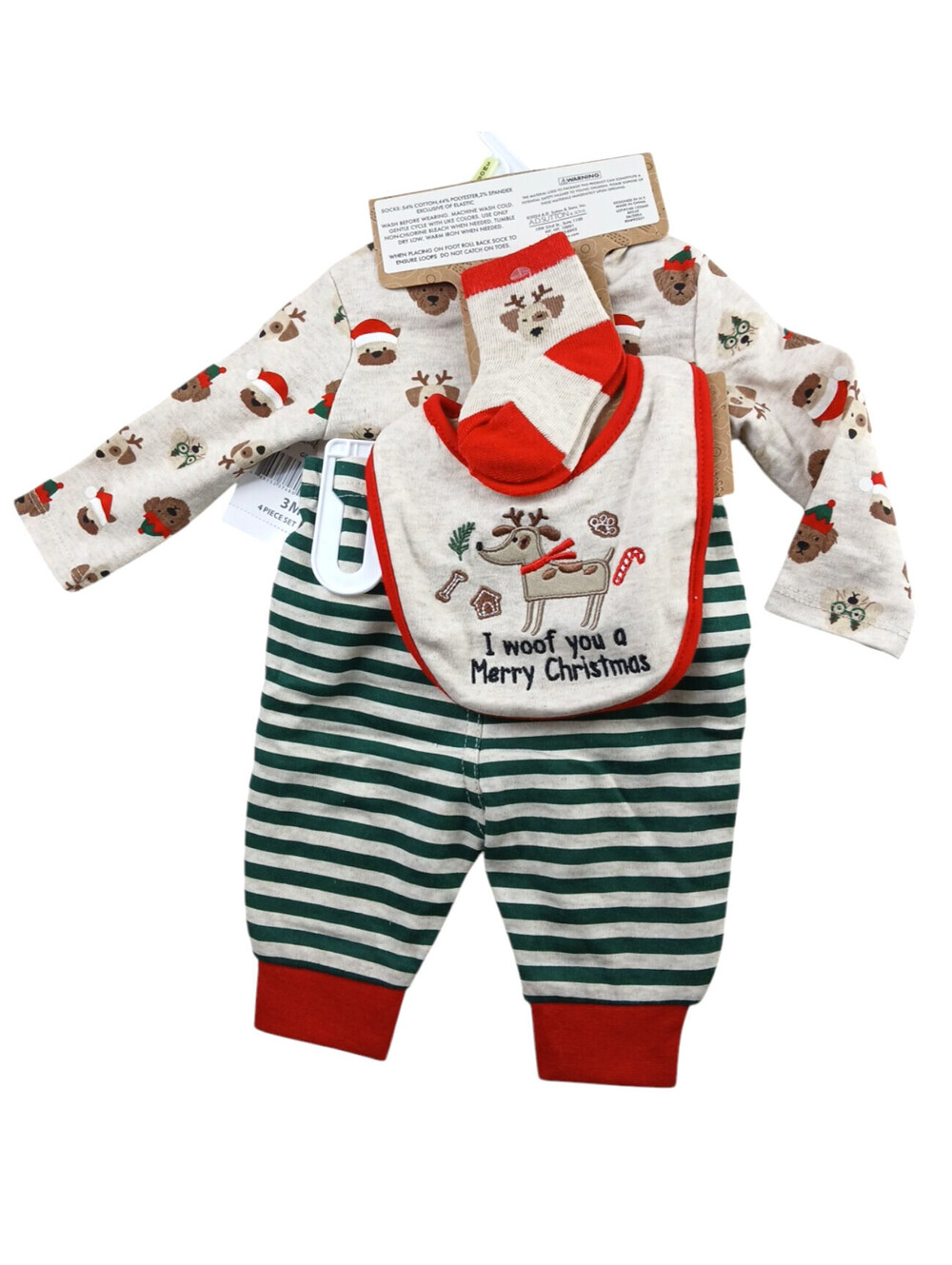 Babies 4 Piece Dogs Woof U a Merry Christmas Gift Set Socks Bib Size 3 Months